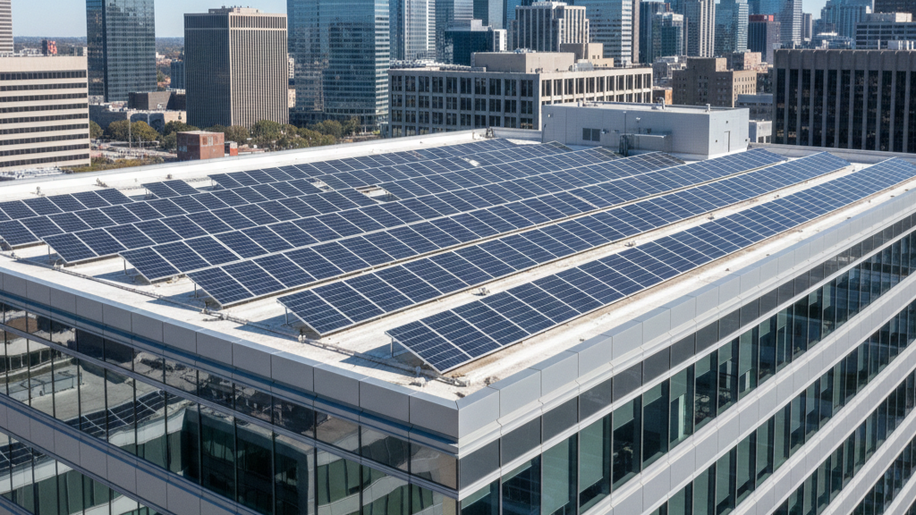 Commercial solar panel installation on business rooftop reducing energy costs